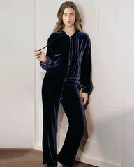 Silk Velvet Zip-up Hooded Pajamas, Navy