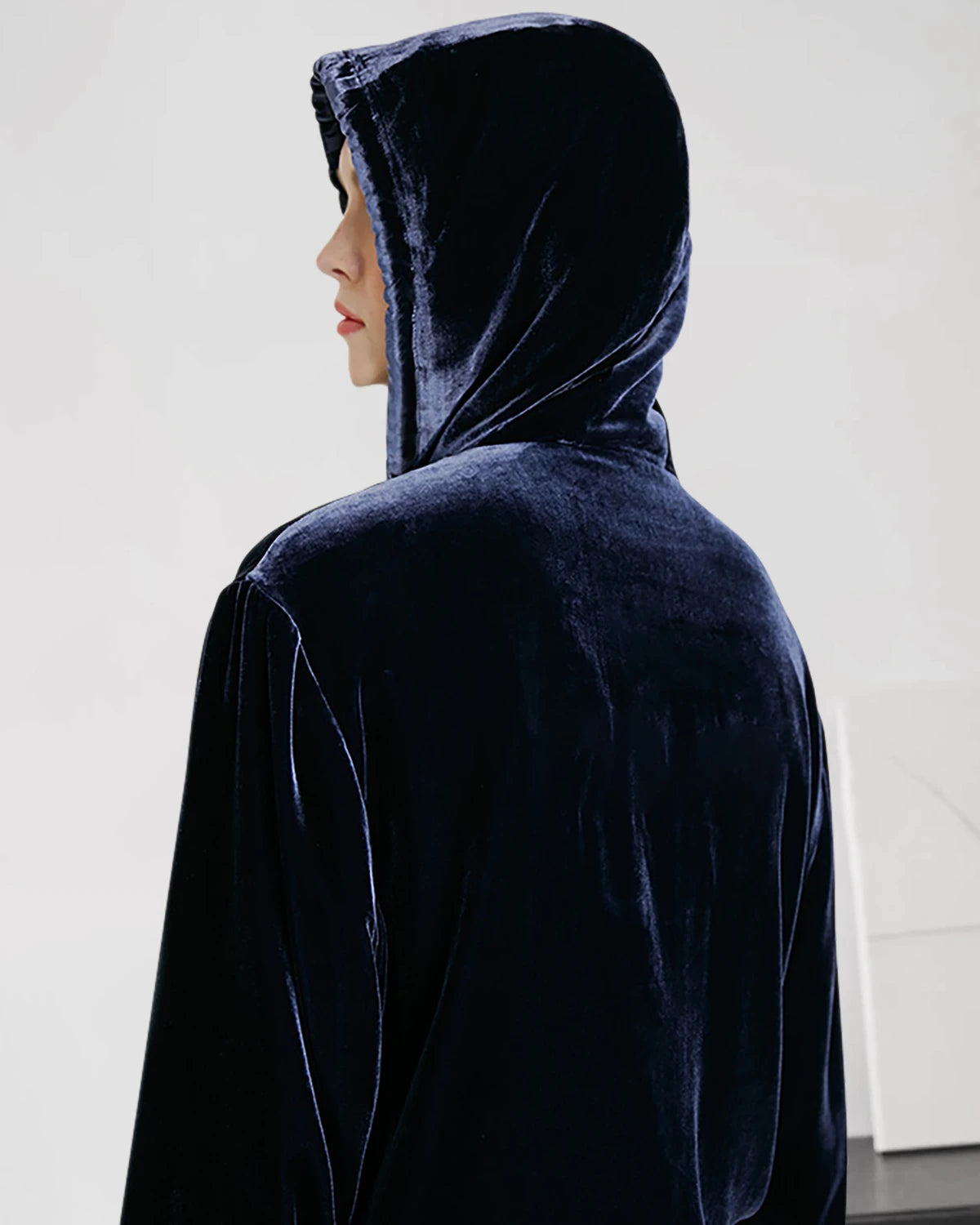 Silk Velvet Zip-up Hooded Pajamas, Navy