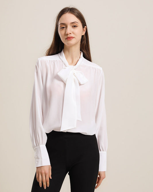 Bow Tie Ruched Silk Blouse, White