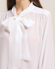 Bow Tie Ruched Silk Blouse, White