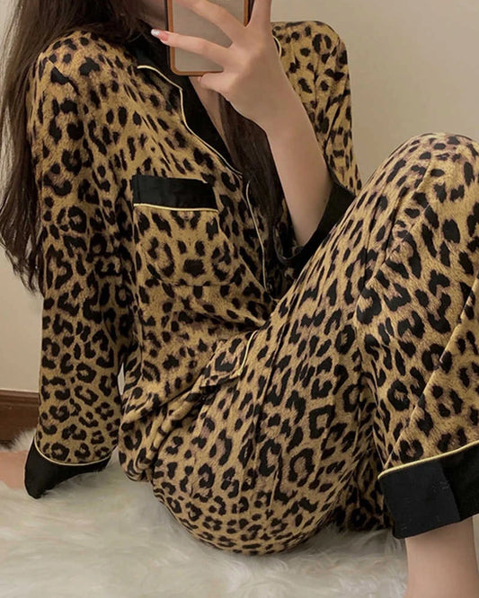 Wide Hem Leopard Silk Pajama Set, Leopard Print