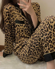 Wide Hem Leopard Silk Pajama Set, Leopard Print