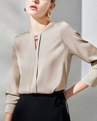 Women's Silk Blouse with Slit, Camel