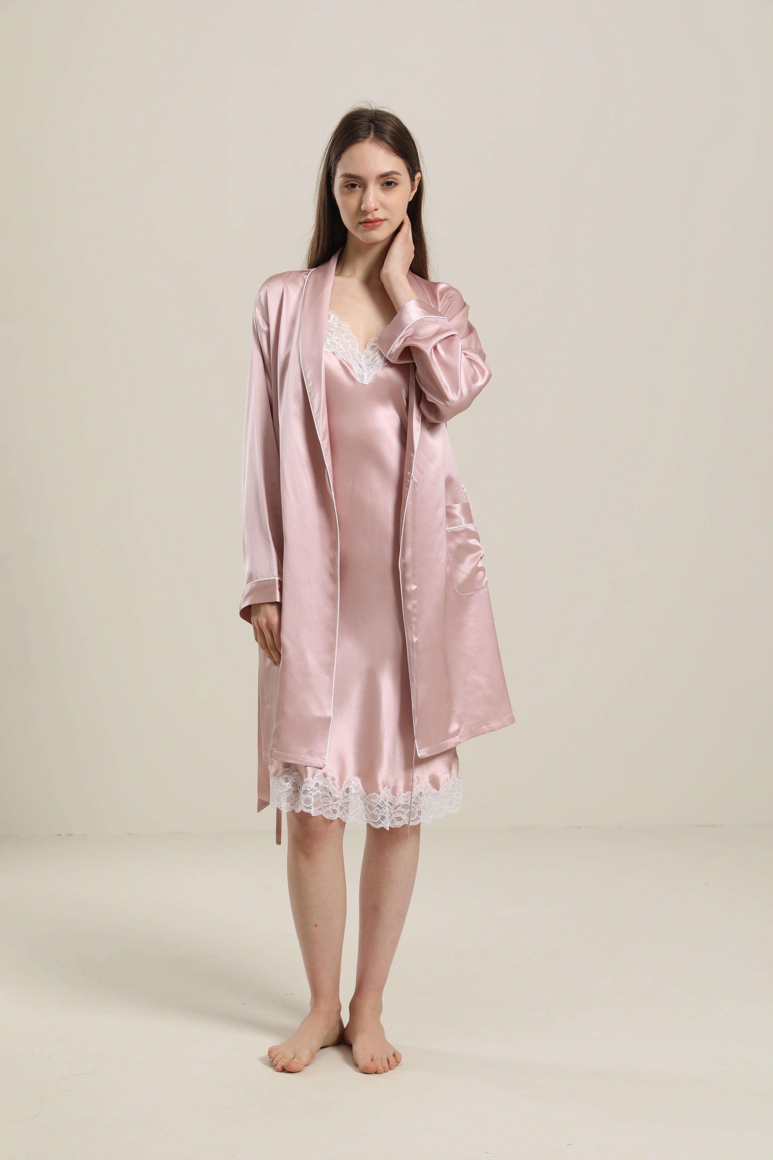 Classic Mid Length Silk Robe For Women, Pink