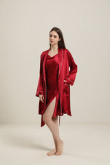 Classic Mid Length Silk Robe For Women, Burgundy