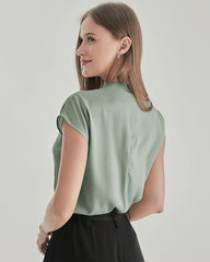Stand Collar Cap Sleeve Silk Shirt, Light Green