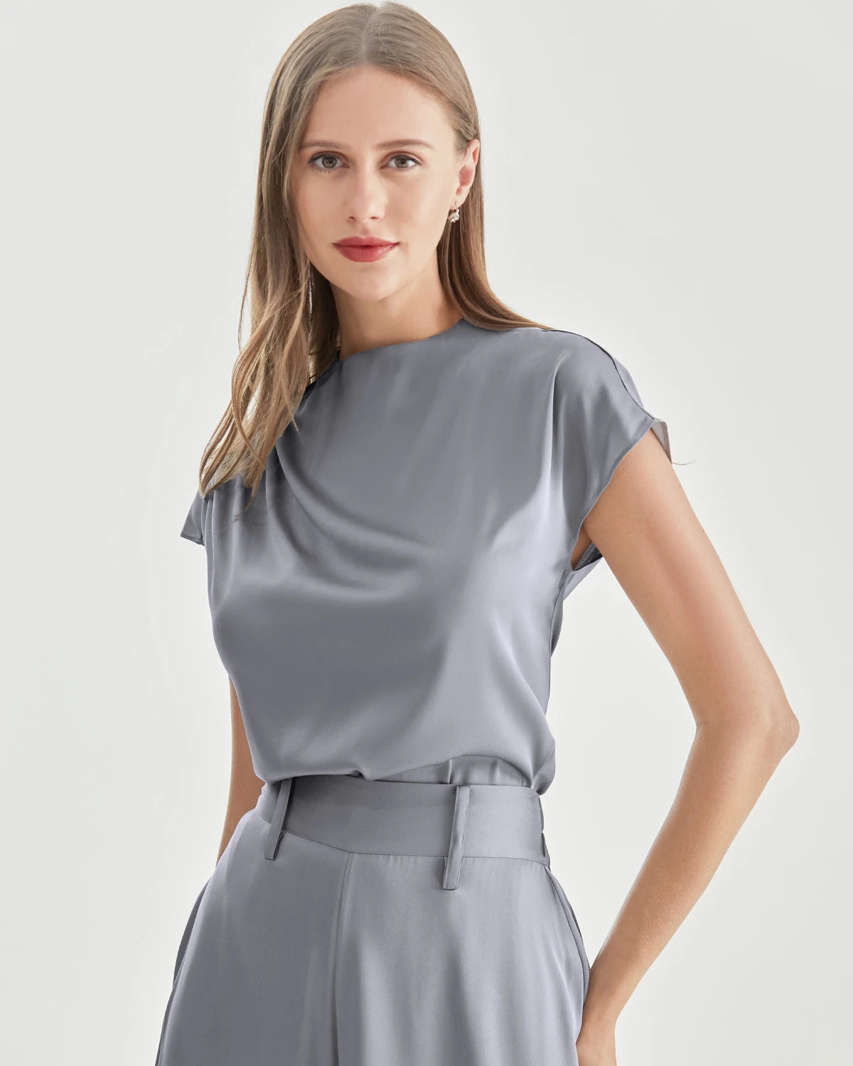Stand Collar Cap Sleeve Silk Shirt, Light Grey