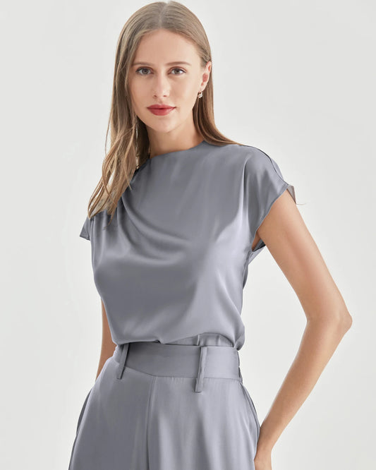 Stand Collar Cap Sleeve Silk Shirt, Light Grey