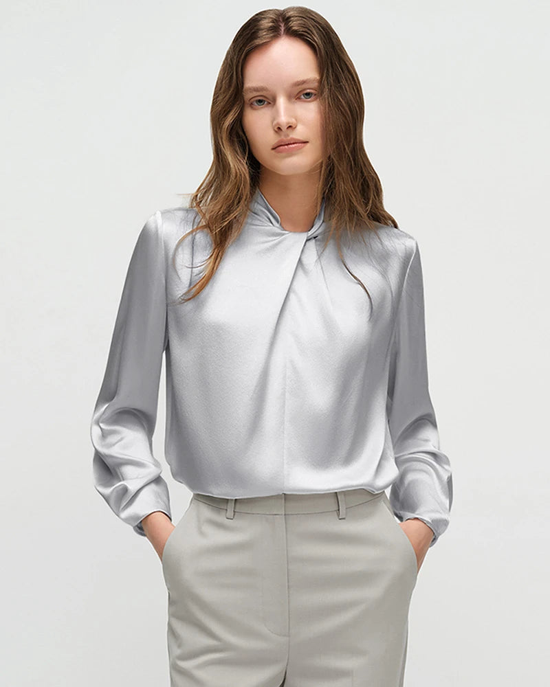 25 Momme Silk Knot Neck Long Sleeve Blouse - DAISYSILK UK