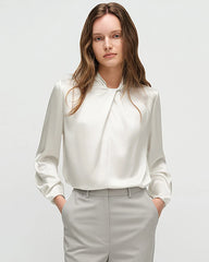 25 Momme Silk Knot Neck Long Sleeve Blouse