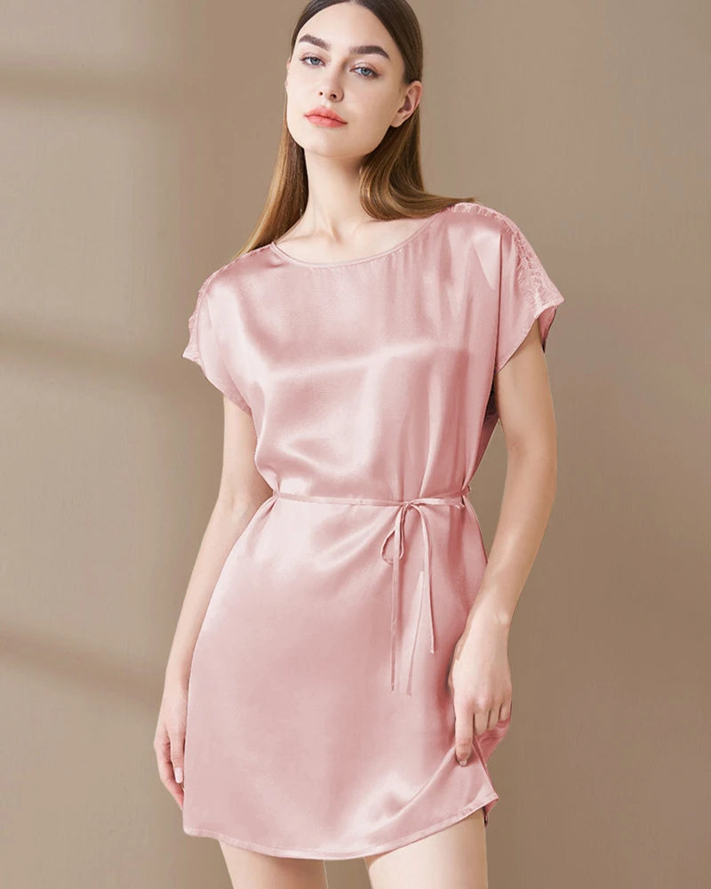 Washable Silk and Lace Pajama Dress, Pink