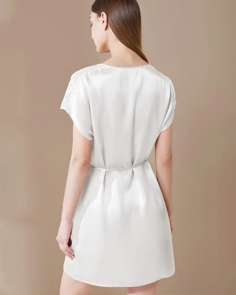 Washable Silk and Lace Pajama Dress, White
