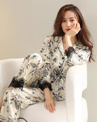 Floral Lace Trim Long Sleeve Silk Pajama Set