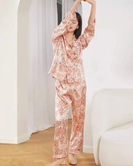 Floral Print Long Sleeve Silk Pajama Set