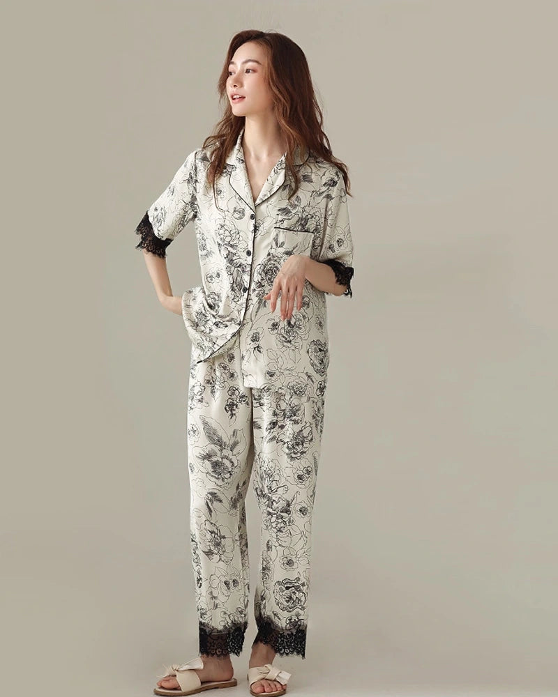Floral Short Sleeve Silk Pajama Set - DAISYSILK UK