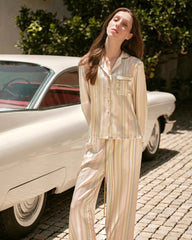 Pastel Striped Long Sleeve Silk Pajama Set for Women