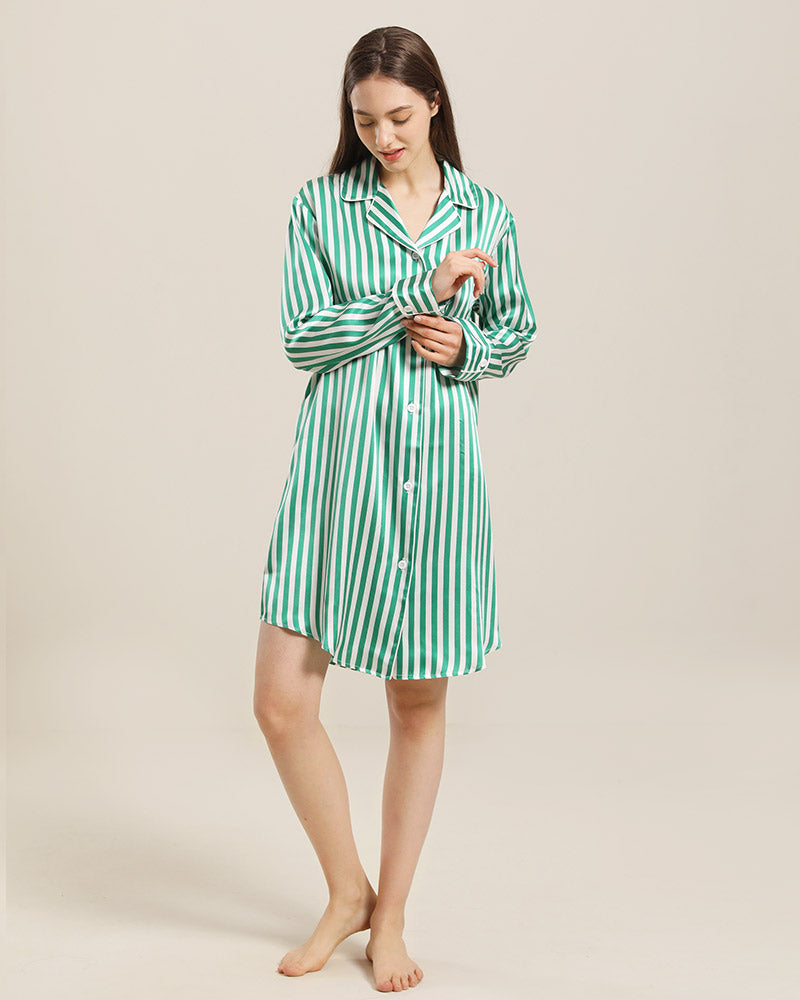 Stripe Silk Nightshirt Sleepwear, Green and White