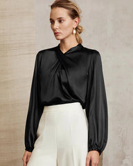 Silk Blouse with Ruched Neck and Tie Back
