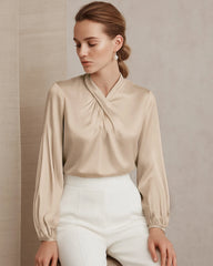 Silk Blouse with Ruched Neck and Tie Back