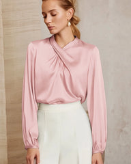 Silk Blouse with Ruched Neck and Tie Back