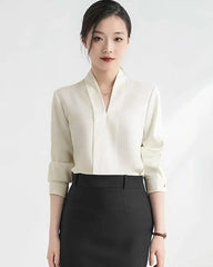 Women V Neck Long Sleeve Silk Blouse