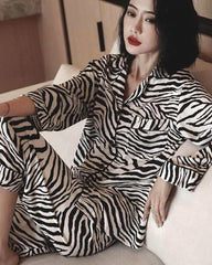 Zebra Print Silk Pajama Set, Black and White