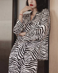 Zebra Print Silk Pajama Set, Black and White