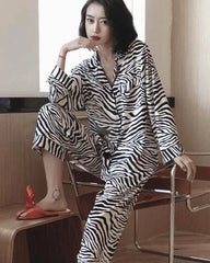 Zebra Print Silk Pajama Set, Black and White