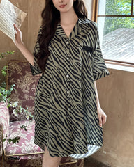 Zebra Print Silk Night Shirt, Black and Green