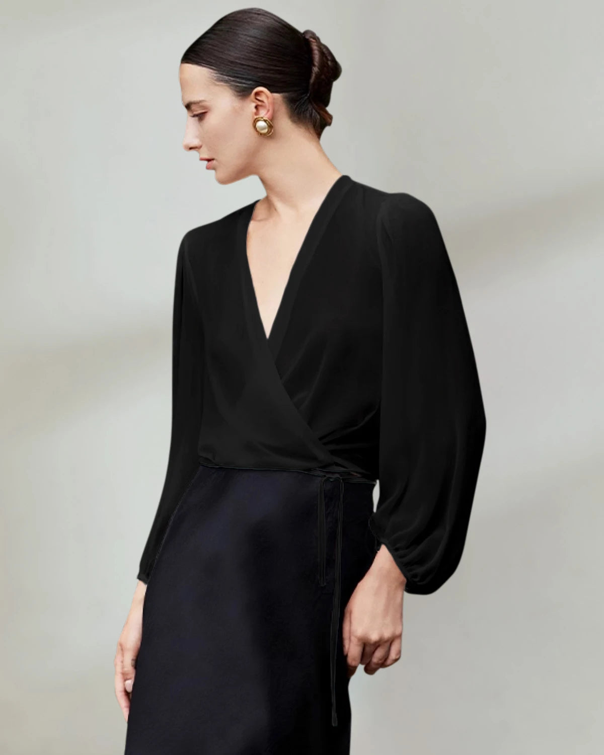 Surplice Neck Wrap Silk Blouse, Black