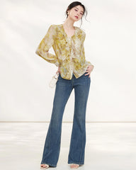 Yellow Silk Floral Ruffle Long Sleeve Blouse