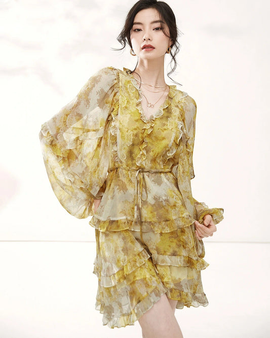 Long Sleeve Yellow Silk Mini Dress with Ruffles