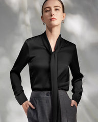 30 Momme Silk Tie-Front Long Sleeve Blouse