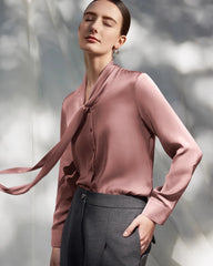 30 Momme Silk Tie-Front Long Sleeve Blouse