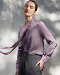 30 Momme Silk Tie-Front Long Sleeve Blouse