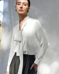 30 Momme Silk Tie-Front Long Sleeve Blouse