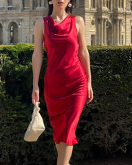 Elegant Sleeveless Silk Midi Dress, Burgundy