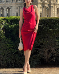Elegant Sleeveless Silk Midi Dress, Burgundy