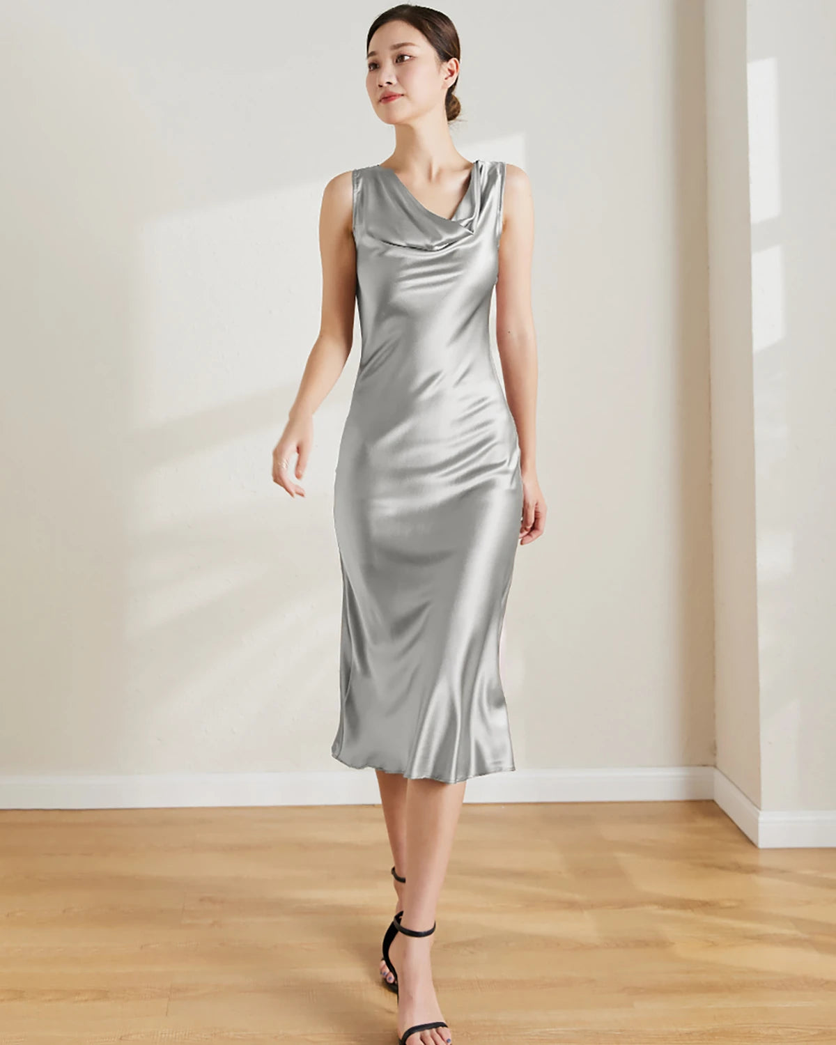 Vintage Silk Sleeveless Midi Dress, Silver Grey