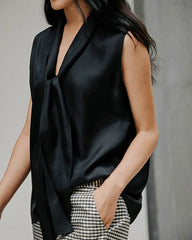Tie Neck Sleeveless Silk Blouse, Black