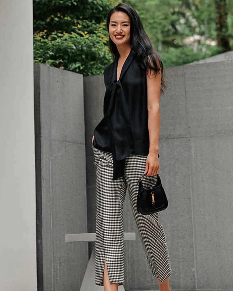 Tie Neck Sleeveless Silk Blouse, Black