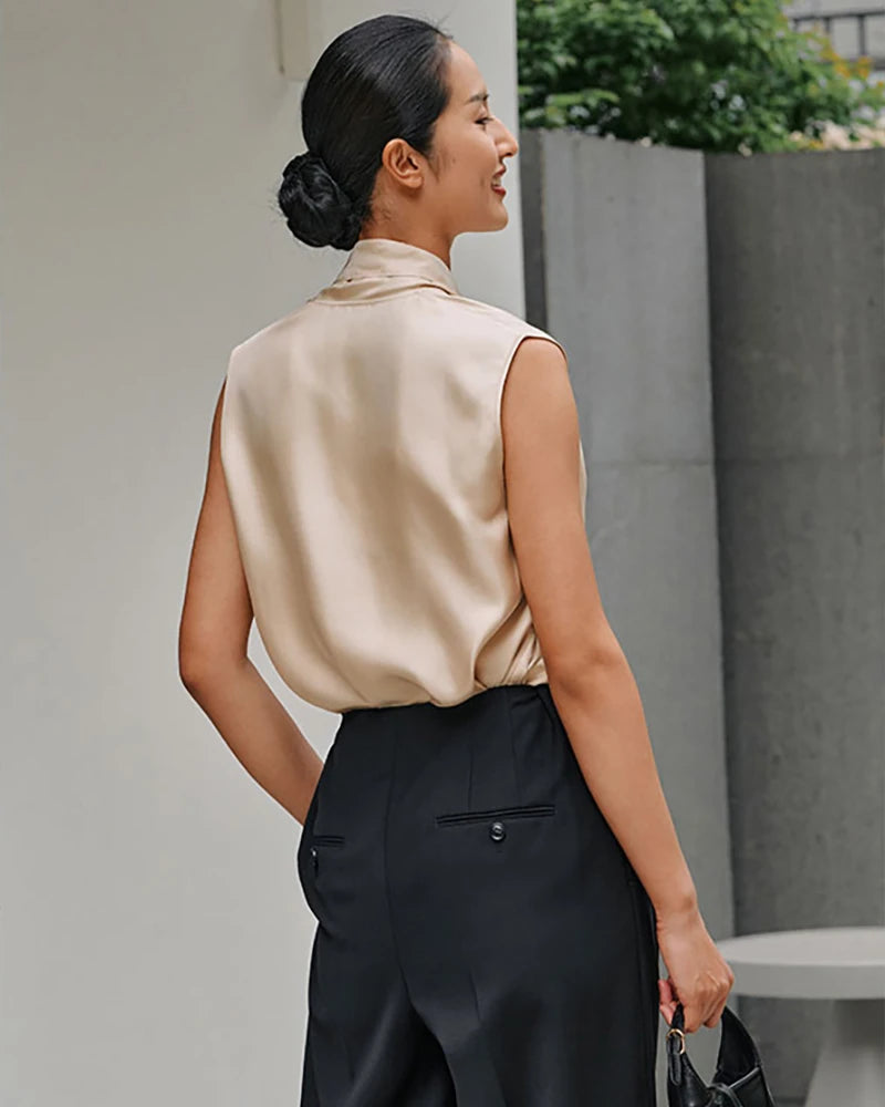 Tie Neck Sleeveless Silk Blouse, Champagne