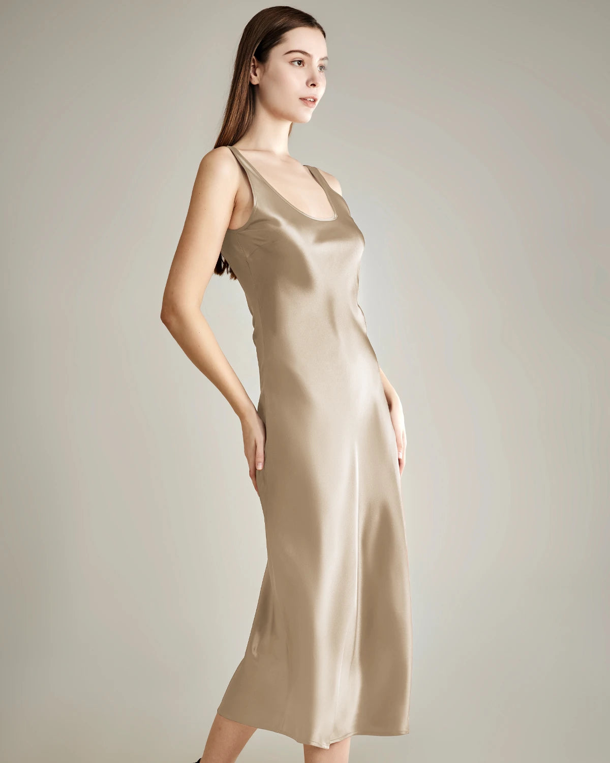 Scoop Neck Midi Silk Slip Dress, Champagne