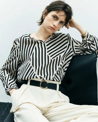 Geometric Stripe Silk Blouse, Black and White