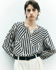 Geometric Stripe Silk Blouse, Black and White