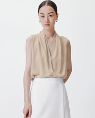V-neck Pleated Silk Tank Top, Champagne