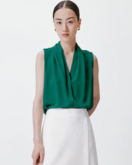 V-neck Pleated Silk Tank Top, Green