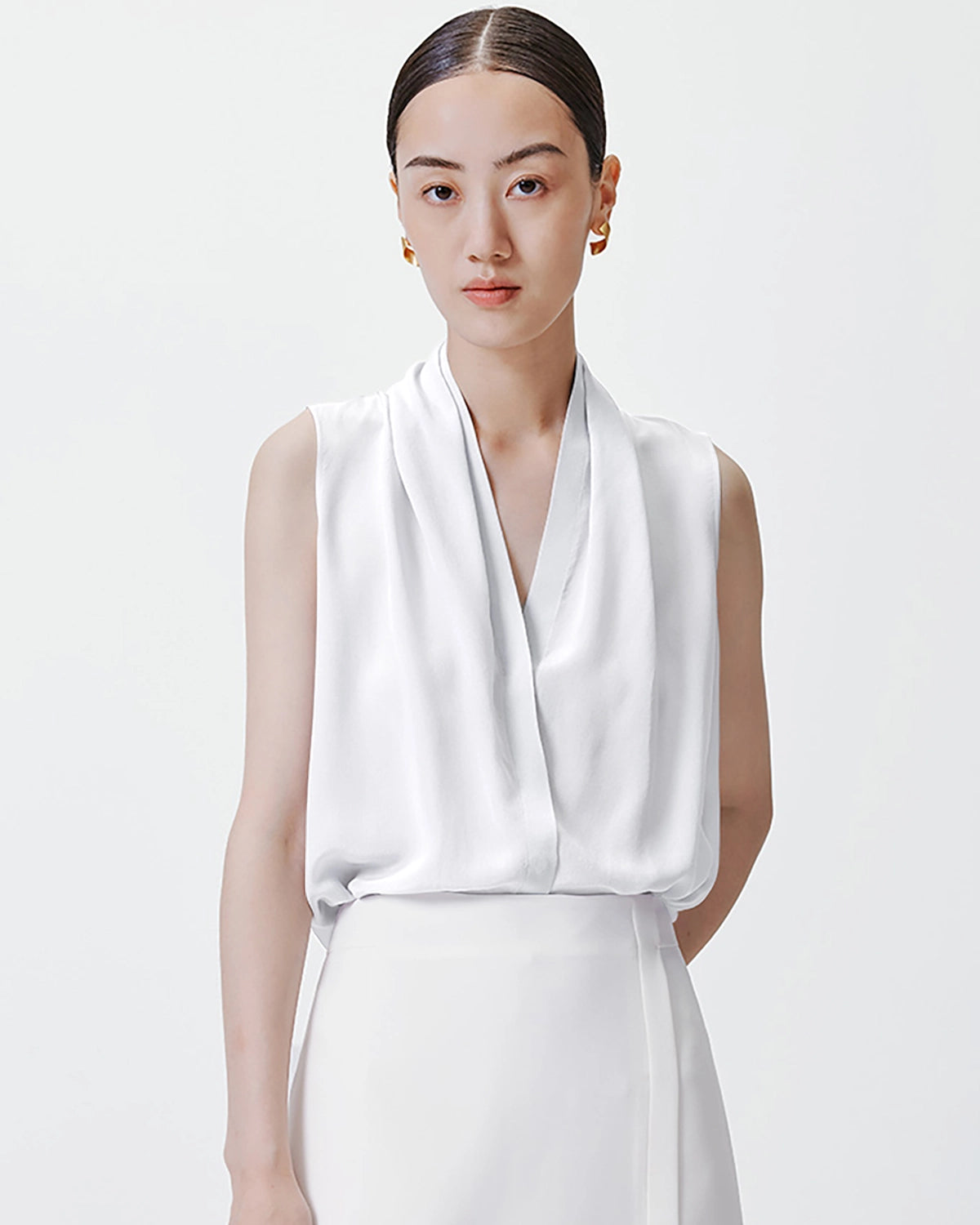 V-neck Pleated Silk Tank Top, White