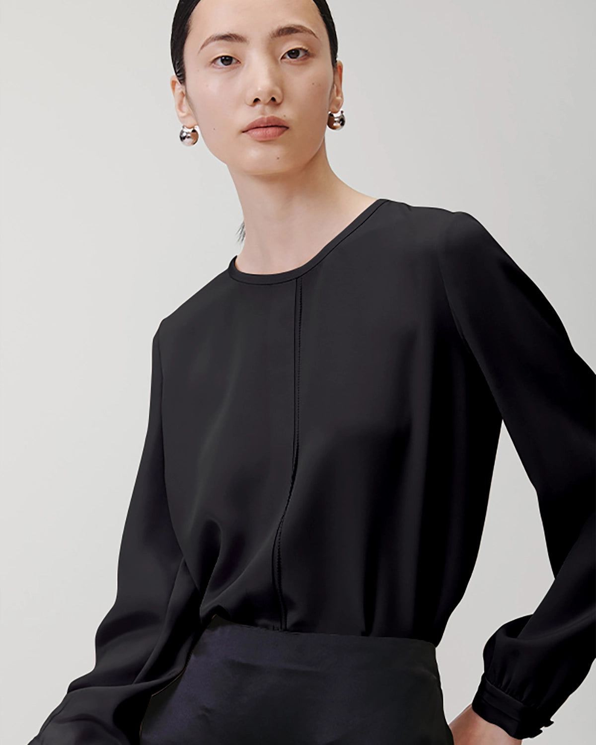 Round Neck Pleated Silk Blouse, Black