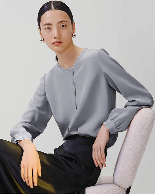 Round Neck Pleated Silk Blouse, Grey